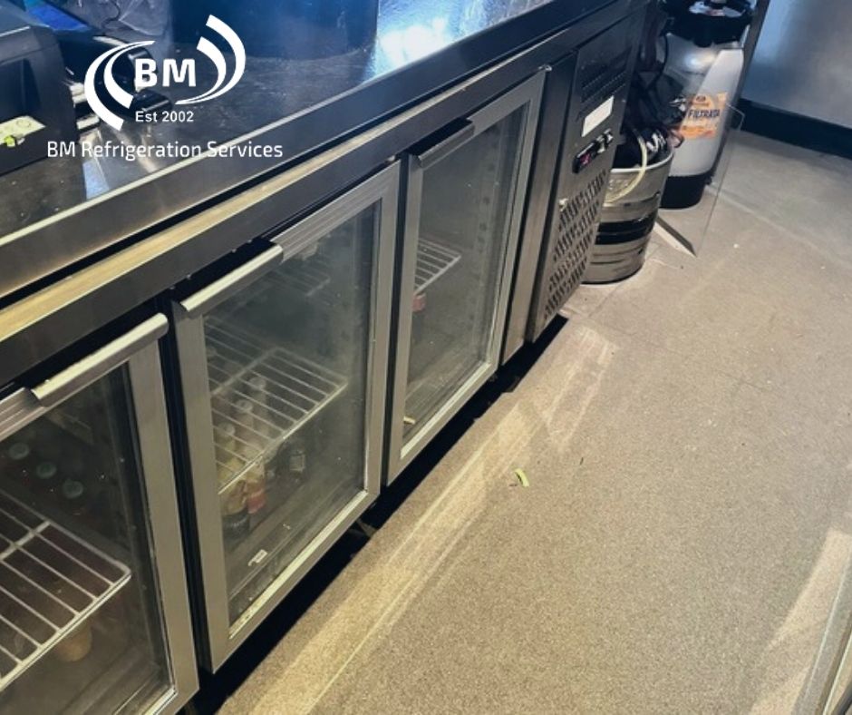 Commercial glass-door underbench fridge